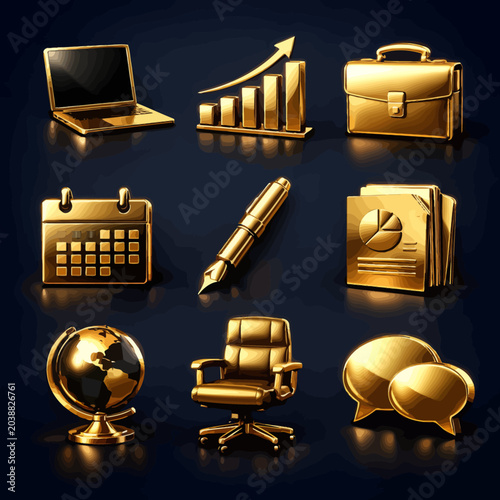 Golden Business Icons Representing Finance, Technology, and Global Concepts.