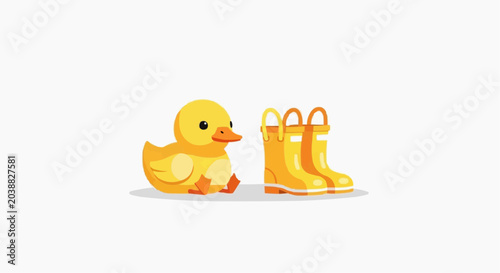 Cute rubber duck and yellow rain boots illustration In White background.