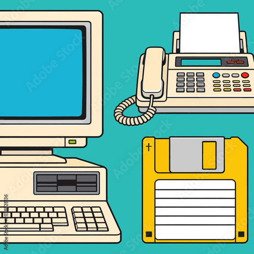Vintage Computer, Fax Machine, and Floppy Disk on Teal Background.