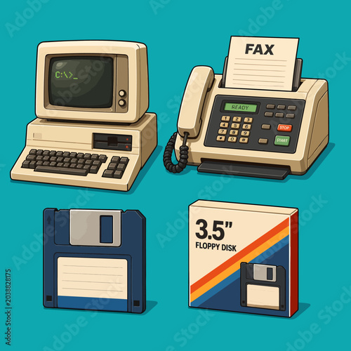 Vintage Computer, Fax Machine, and Floppy Disks Representing Obsolete Technology.