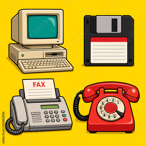 Vintage Computer, Floppy Disk, Fax Machine, and Rotary Phone Illustration.