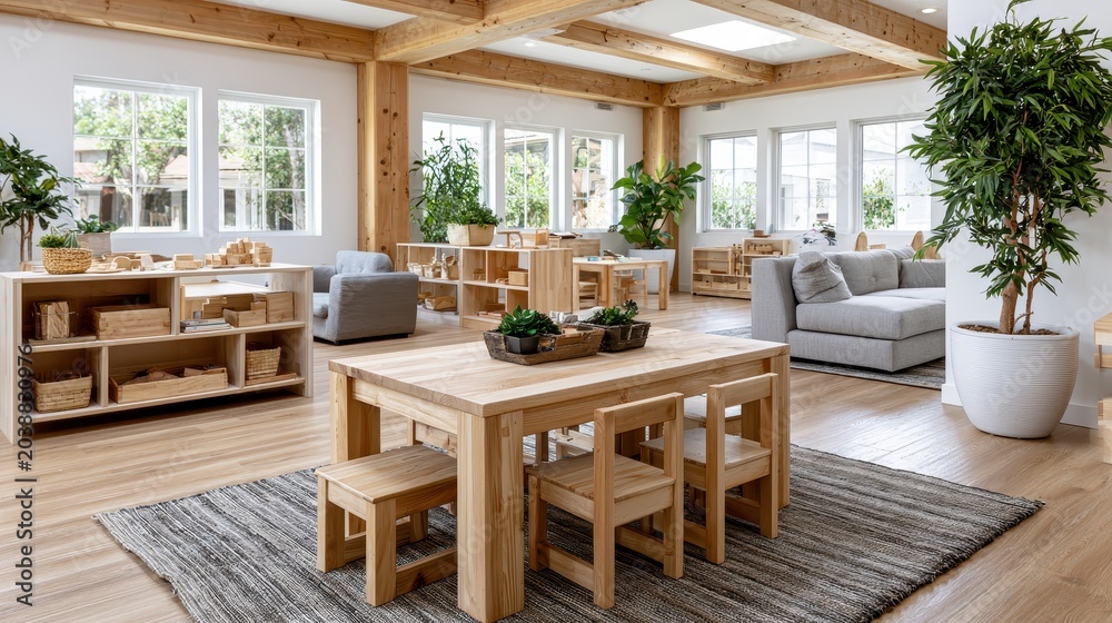 Fototapeta premium Minimal beige dining room with arches and natural decor, elegant modern interior design concept.