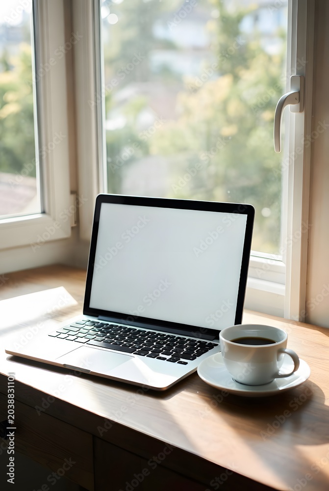Fototapeta premium aptop with Blank White Screen and Coffee Cup on Wooden Desk for Digital Marketing Mockup. Professional workspace featuring a modern laptop with a blank white screen positioned on a wooden 