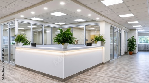 Blue veterinary clinic waiting room with pet symbol and plants, modern animal care interior concept.