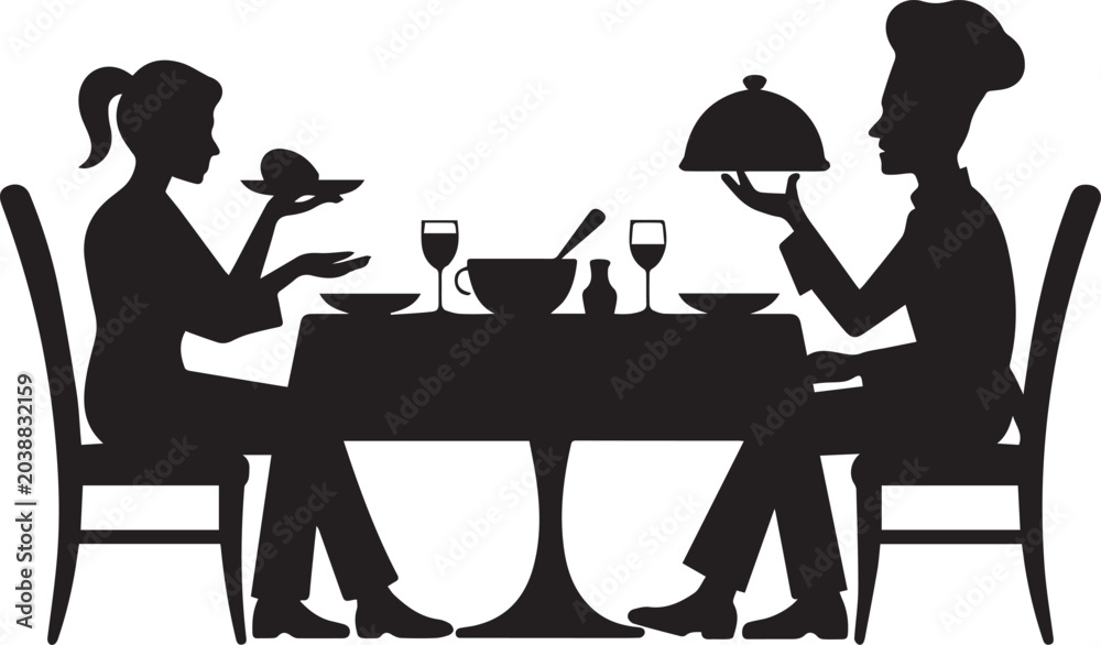 Fototapeta premium Silhouette of couple dining at restaurant table with waiter serving food and wine on white background