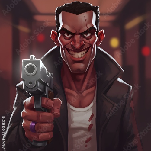 Comic villain portrait in dark hallway