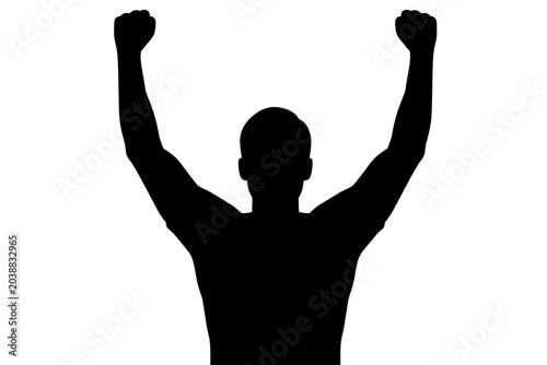Man Silhouette Raising Arms in Victory Isolated on White Background