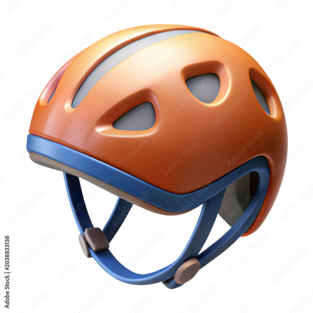 Naklejka premium Realistic 3d rendering of a high-quality orange bicycle helmet with blue accents and straps transparent background