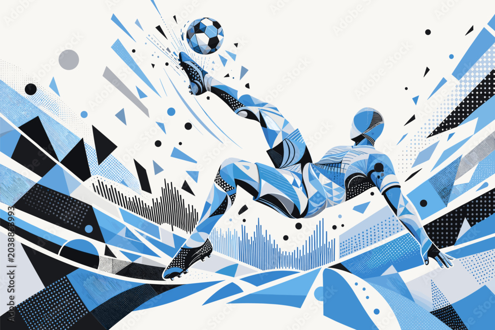 Fototapeta premium Uruguay soccer player performing an aerial bicycle kick in a dynamic geometric poster design. Uruguay national football team wallpaper, banner, background.