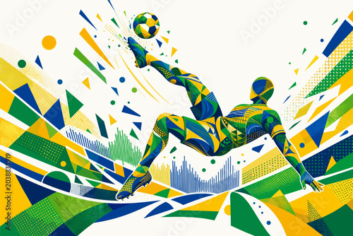 Brazil soccer player performing an aerial bicycle kick in a dynamic geometric poster design. Brazil national football team wallpaper, banner, background.