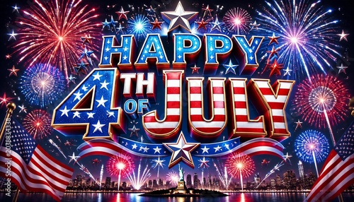 Happy 4th of July Celebration with Fireworks and Cityscape