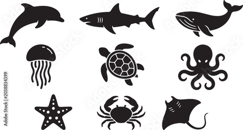 Photography Marine Life and Ocean Animals Black Silhouette Vector Icon Set