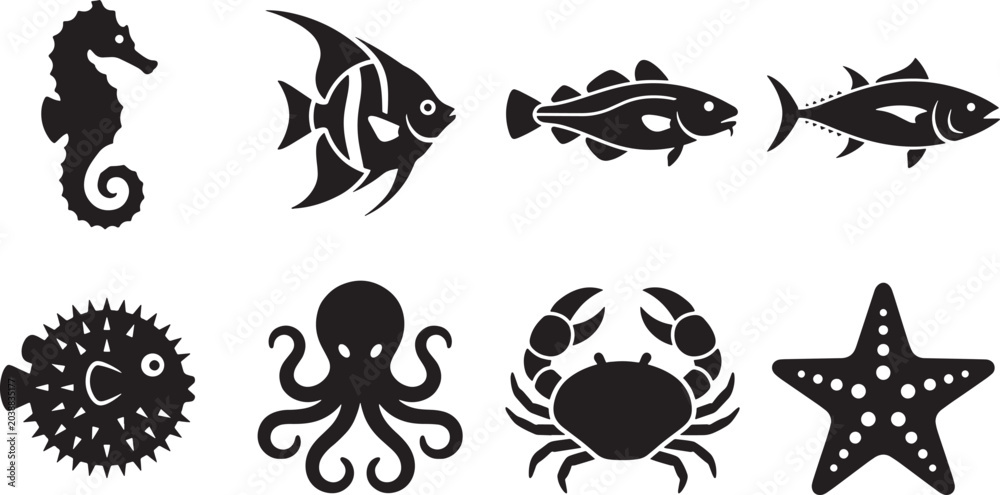 Fototapeta premium Sea Animals and Marine Life Black Silhouette Vector Icon Set