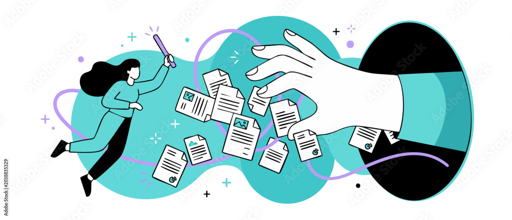 Naklejka premium File organization document management concept with giant hand sorting papers and tiny woman using wand, representing workflow automation, digital archiving, database storage, and efficient search.