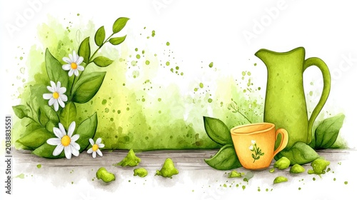 Fresh Green Leaves and Flowers with Teapot and Cup on Wooden Table