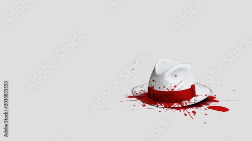 Bloodstained White Hat with Red Ribbon on Simple Background