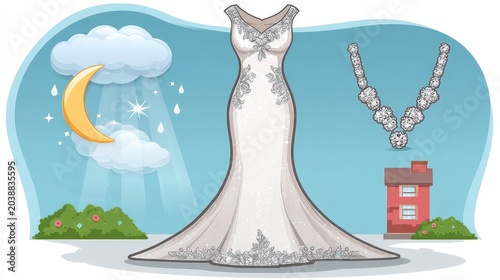 Elegant Wedding Dress with Accessories Against a Charming Background