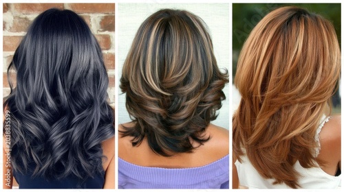 Diverse Hairstyles Showcasing Waves, Layers, and Color Contrast