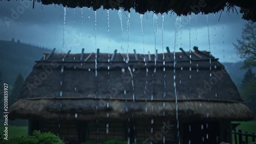 Heavy rain falling from a thatched roof of a rural house in nature