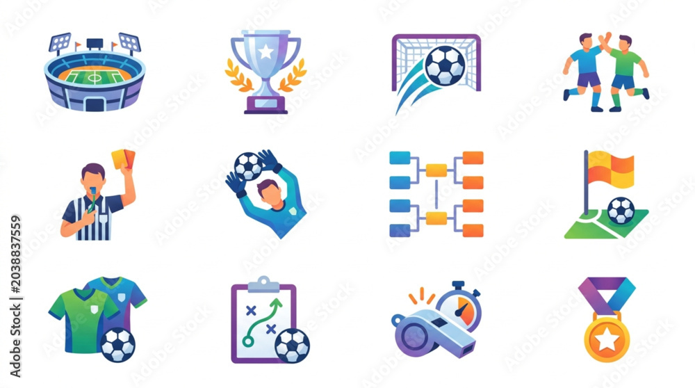 Fototapeta premium Soccer Football Icons Set Stadium Trophy Goal Players Coach Tactics.