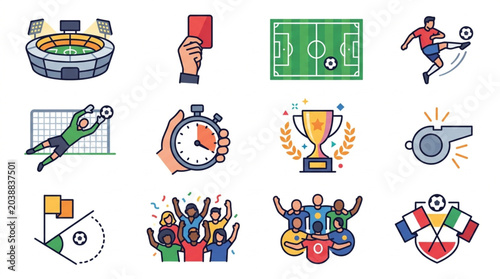 Fotografía Soccer Football Icons Set Stadium Player Referee Whistle Trophy.