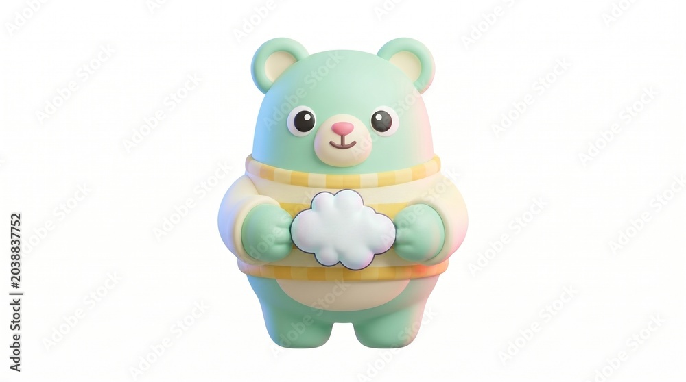 Fototapeta premium A charming 3D illustration of a mint-green bear wearing a yellow striped sweater, holding a fluffy cloud against a clean white background.