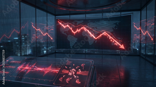 Global Economic Crisis Visualization with Falling Stock Market Charts and Dark World Map Background
