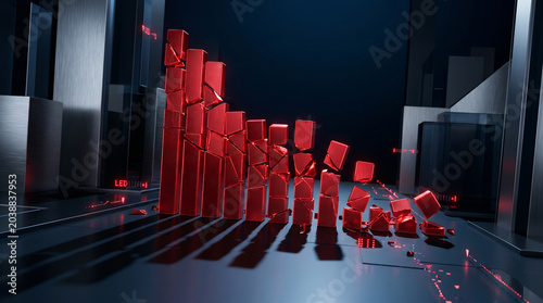 Red Financial Bar Chart Showing Downward Market Collapse with Dramatic Shadows and Glowing Data Lines
