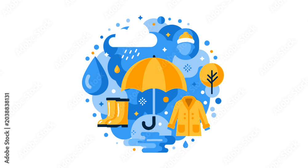 Fototapeta premium Flat Design Rainy Weather Concept Illustration with Yellow Umbrella, Rain Boots, and Raincoat Icons on White Background