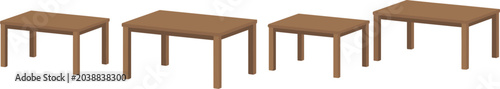 Wooden table vector set from different angles, brown rectangular desk furniture illustration for interior