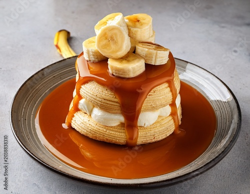 deliciously swirled dessert with caramel sauce and fresh bananas