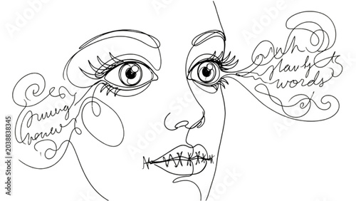 Tableau sur toile Expressive Eyes with Stitched Mouth – Continuous One Line Surreal Communication