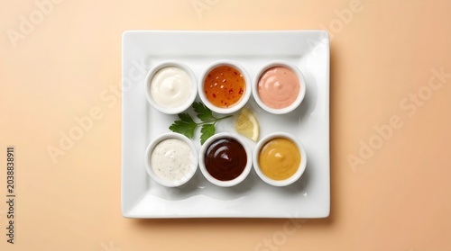 Sauce sampler on square white plate