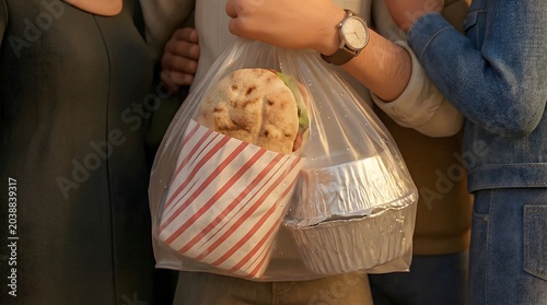 Close up of takeout bag and food