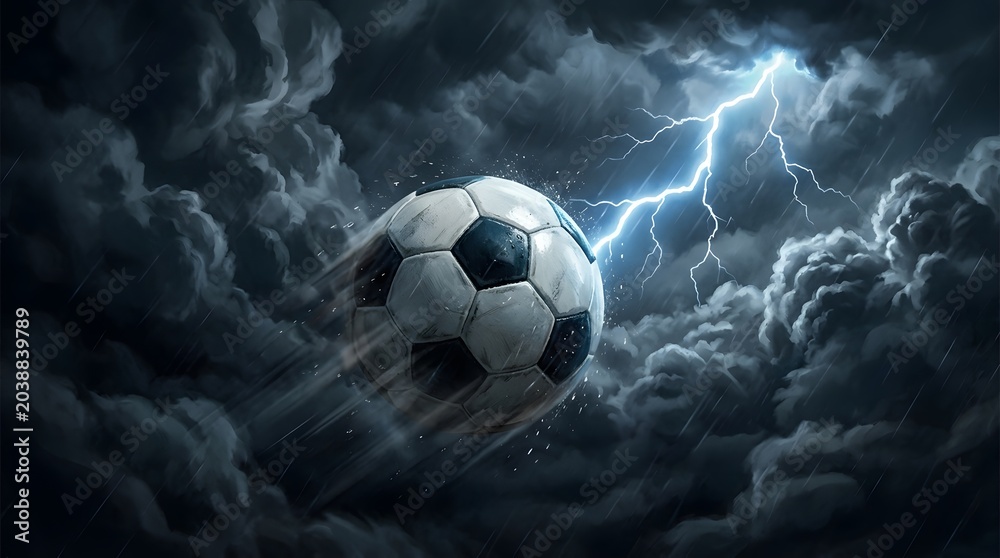 Fototapeta premium Dramatic football world cup 2026 concept soccer ball amidst storm and lightning