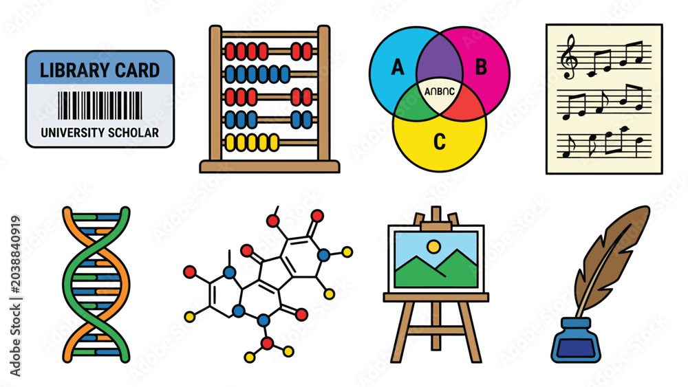 Fototapeta premium Educational icons representing various fields of study, including library, math, science, music, art, and writing.