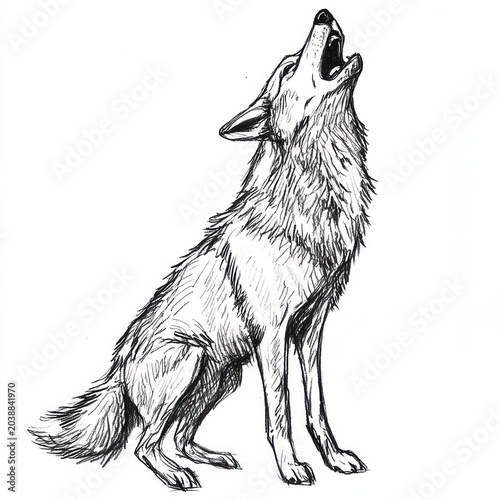 Black and white illustration of a wolf howling upwards with detail, shading, and texture