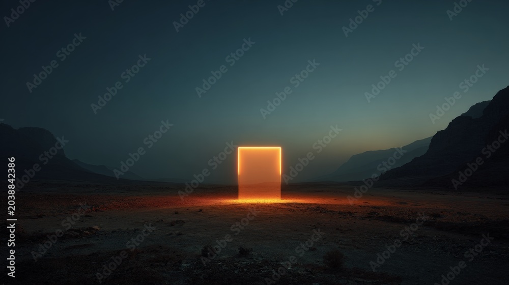 Fototapeta premium Desert expanse glows with mysterious, radiant light. Single glowing cube stands as solitary beacon in vastness. Mountains loom dark, framing the surreal, radiant presence. No people, no animals