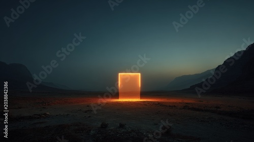 Desert expanse glows with mysterious, radiant light. Single glowing cube stands as solitary beacon in vastness. Mountains loom dark, framing the surreal, radiant presence. No people, no animals