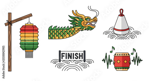 Collection of Chinese Festival Elements Featuring Dragon, Lantern, Drum, and Finish Line.