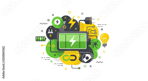 Battery Charging and Renewable Energy Concept Vector Illustration with Power Icons, Electricity Symbols, and Sustainable Technology Elements on White Background