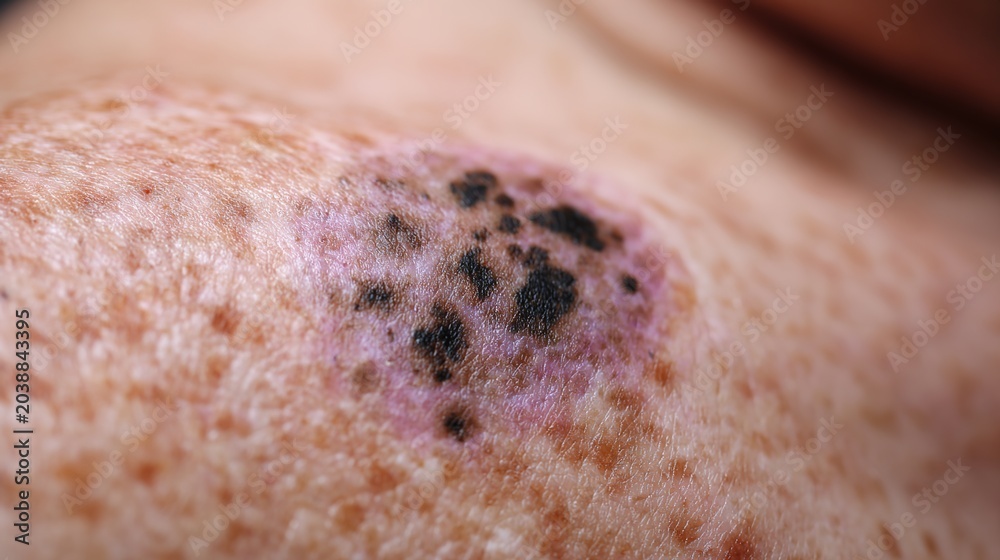 Fototapeta premium Melanoma Skin Cancer Awareness Concept with Malignant Mole Illustration, Dermatology Oncology, Early Detection of Skin Tumor and UV Damage Medical Background