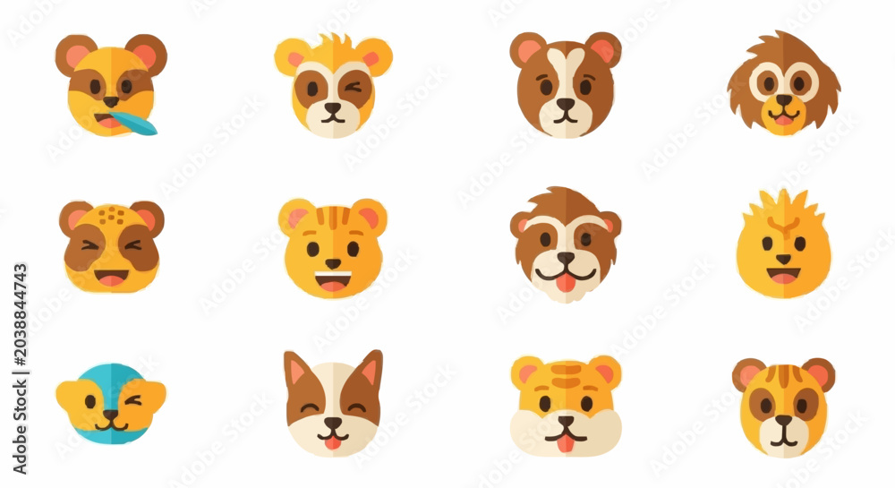 Fototapeta premium Cute animal emoji icons, playful flat vector style