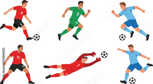 Male Soccer Player Character Set in Colorful Uniforms Kicking, Running, Defending, and Goalkeeping in Dynamic Action Poses