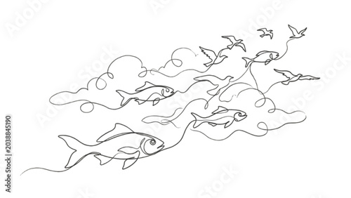 Foto Floating Fish Among Clouds and Birds – Continuous One Line Surreal Freedom Illus