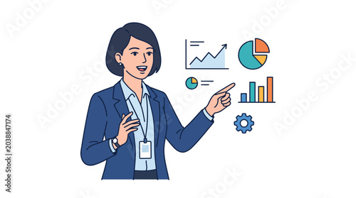 Tableau sur toile A professional woman in a blue suit presenting data charts and graphs on a white background with a businesslike mood