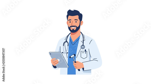 Illustration of a smiling doctor with a stethoscope around his neck holding a tablet in a simple, flat design on a white background.