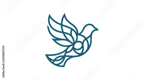 Quadro su tela Teal line art illustration of a stylized bird with floral elements in flight against a white background