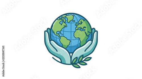Fotografi Illustration of hands cradling a globe with a leaf on a white background, symbolizing environmental care