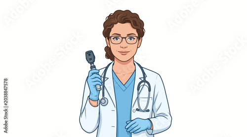 Fotografi Cartoon illustration of a smiling female doctor wearing a stethoscope and glasse